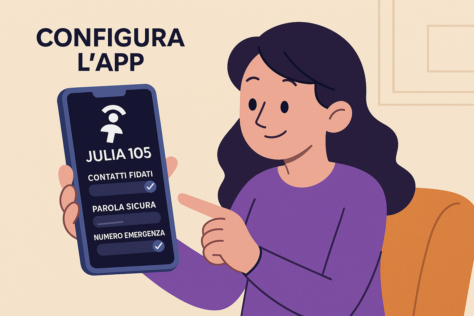 Configurazione app con contatti fidati parola sicura e numero emergenza