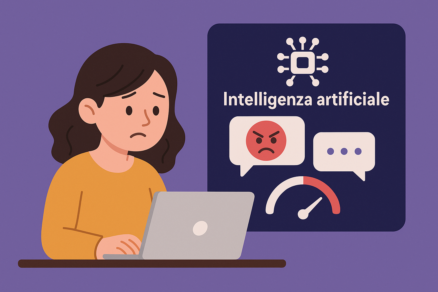 Pannello intelligenza artificiale con messaggi e indicatore rischio